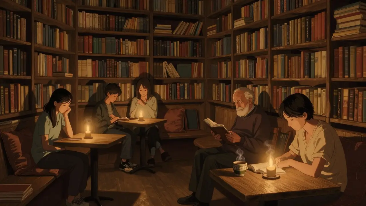 A cozy bookstore at night with people reading silently by candlelight, surrounded by shelves of old books.