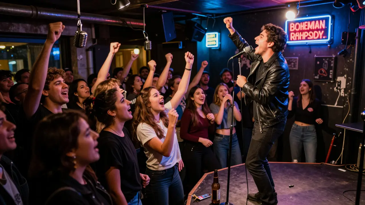 A diverse crowd cheering as a singer performs 'Bohemian Rhapsody' on a small stage in a gritty Parisian karaoke bar.
