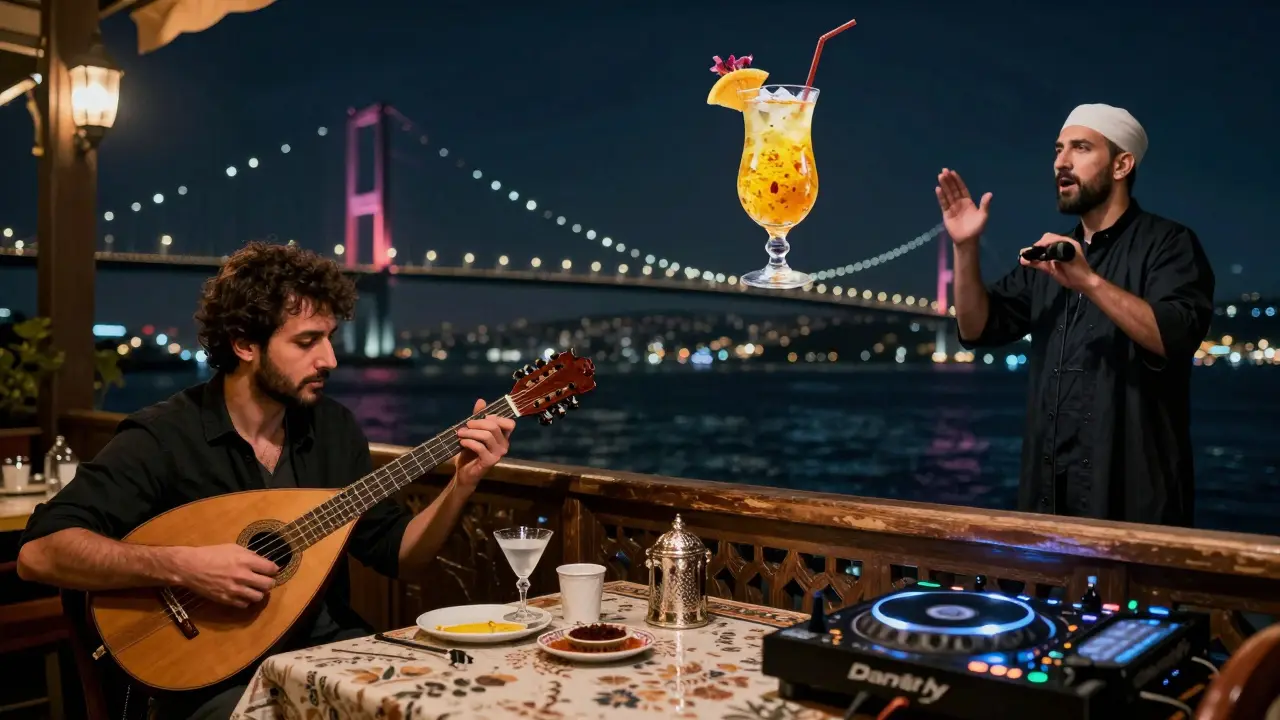 A dreamlike fusion of Istanbul's nightlife: traditional meyhane, techno club, and Sufi music merging under the Bosphorus Bridge.