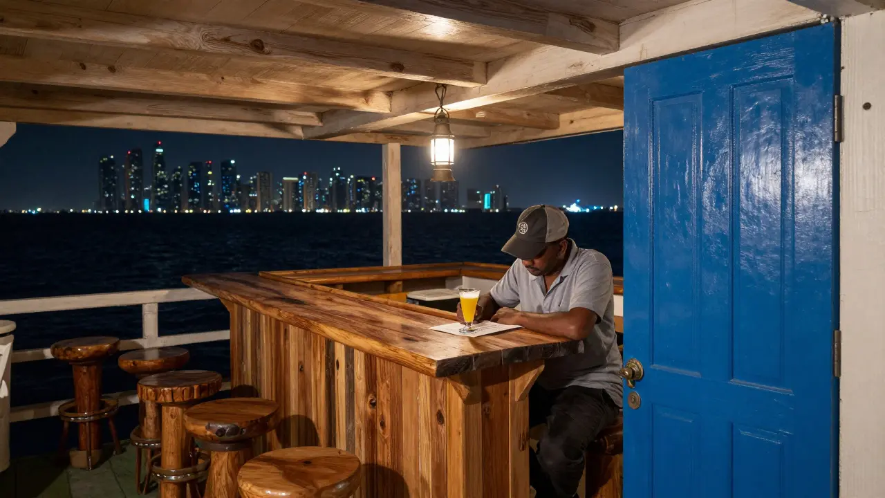A floating bar inside an old fishing boat at Port Rashid, with driftwood counter and handwritten note.