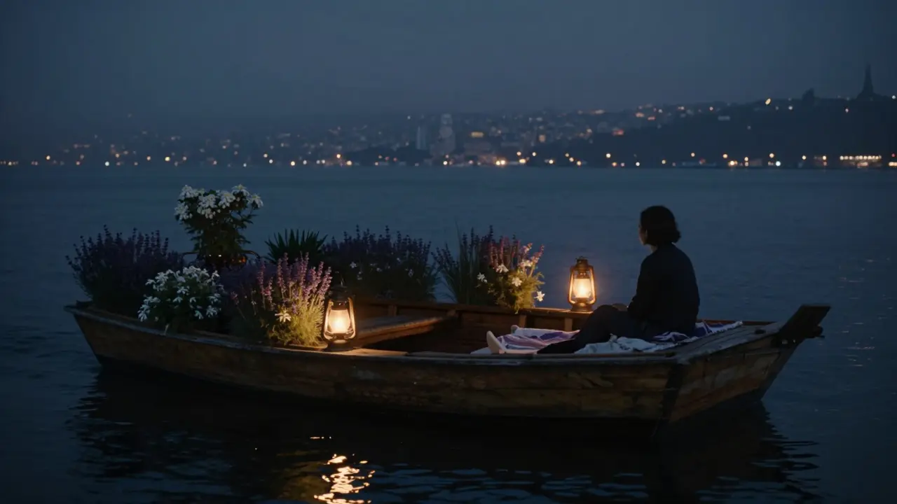 A floating wooden barge with lanterns and candles on the Bosphorus, drifting peacefully under the stars.