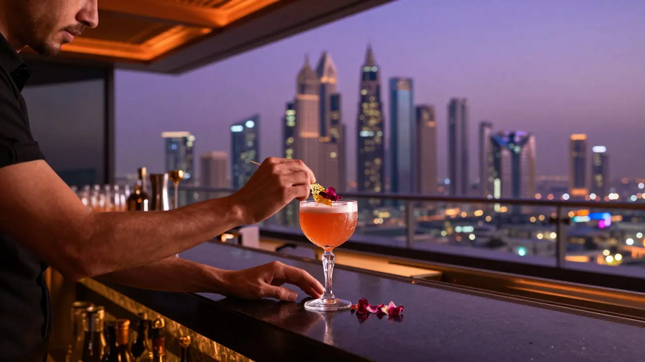 A gourmet cocktail served on a rooftop with Abu Dhabi's skyline glowing in the background.