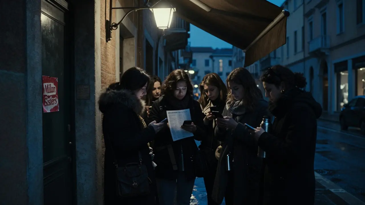 A group of women whisper in the shadows of a Milan street, holding phones and a printed list under a dim lamp.