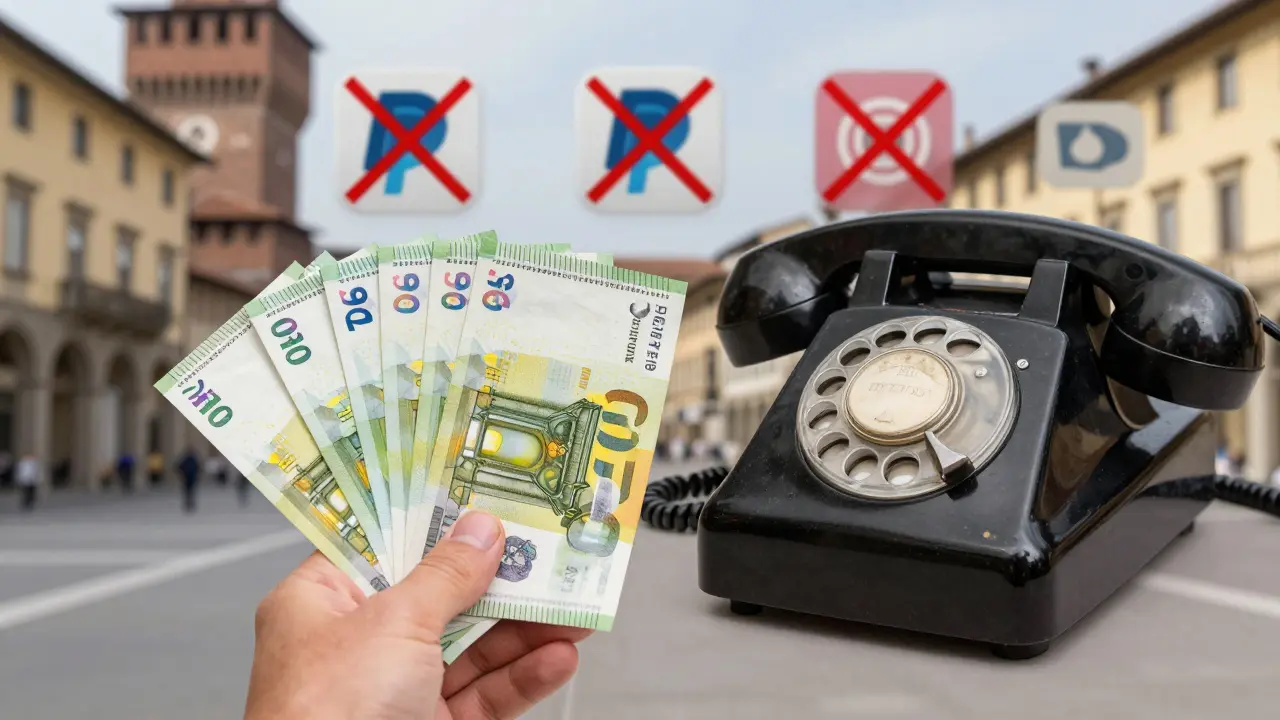 A hand holding cash beside a vintage phone, with digital payment icons crossed out, symbolizing safe, offline companionship in Milan.