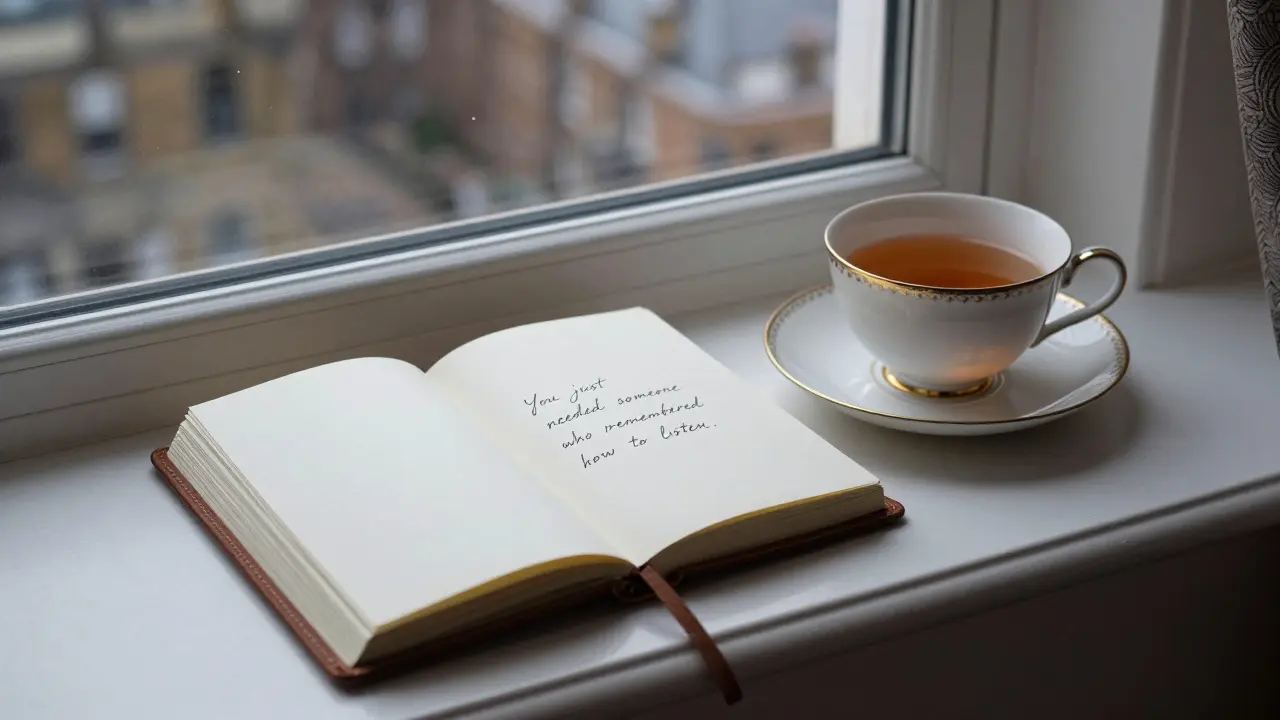 A handwritten note on a leather journal beside a cup of tea in a luxury hotel room.