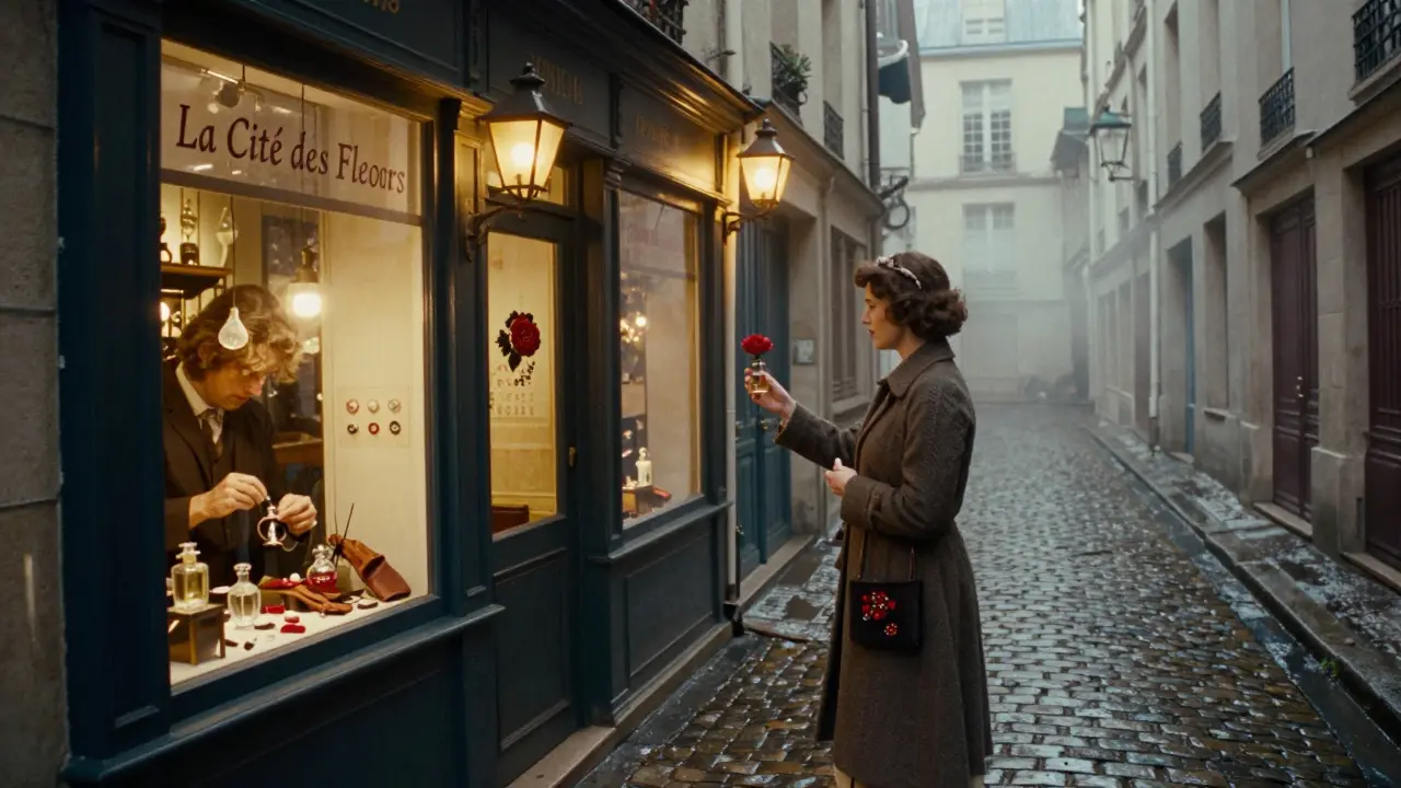 A hidden alley in Paris where artisans craft perfumes and gloves under warm lamplight.