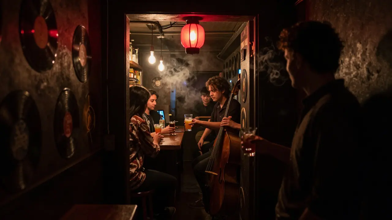 A hidden Parisian bar at night with a red lantern, patrons sipping cocktails under dim lights and vinyl records on the wall.