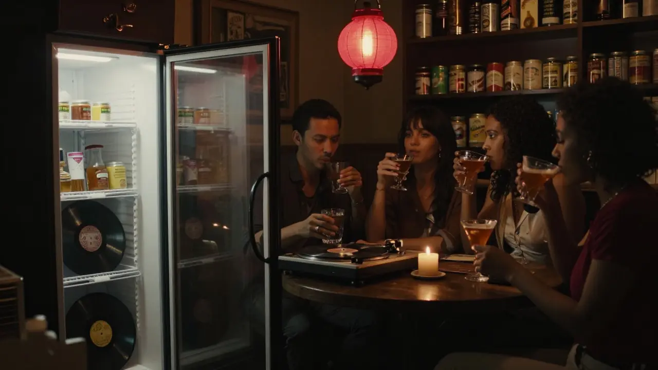 A hidden speakeasy with a red lantern, patrons sipping cocktails behind a fake grocery fridge.