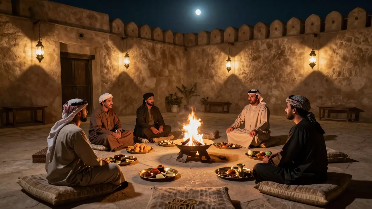 A historic fort courtyard at night with lanterns, food, and a storyteller by the fire.
