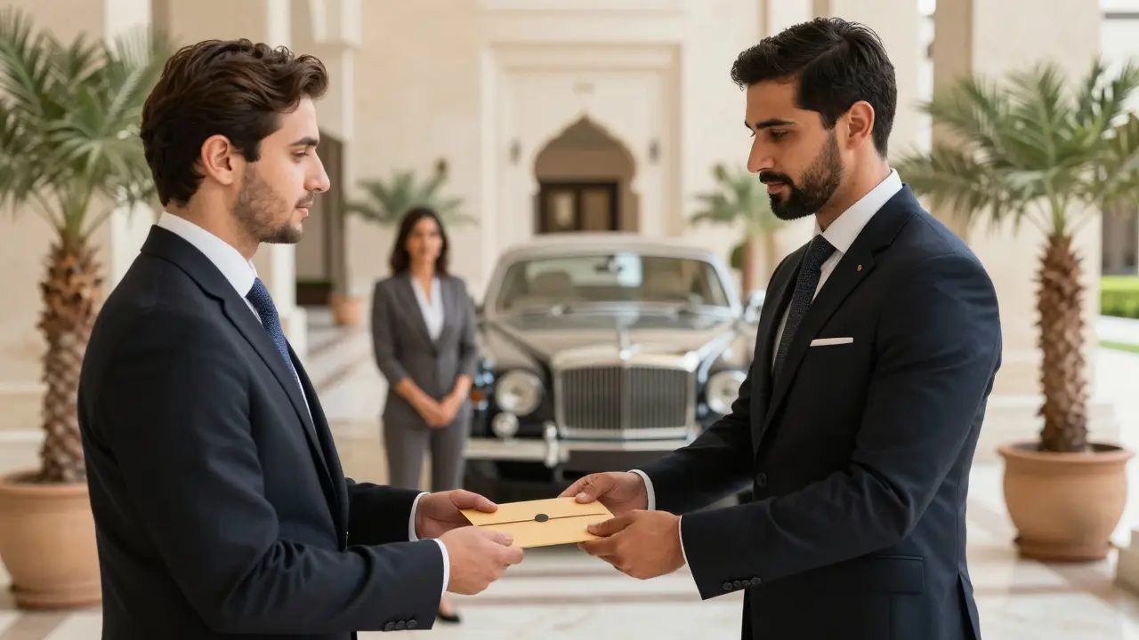 A luxury hotel concierge handing a discreet envelope to a businessman, with a waiting companion near a Bentley in the background.