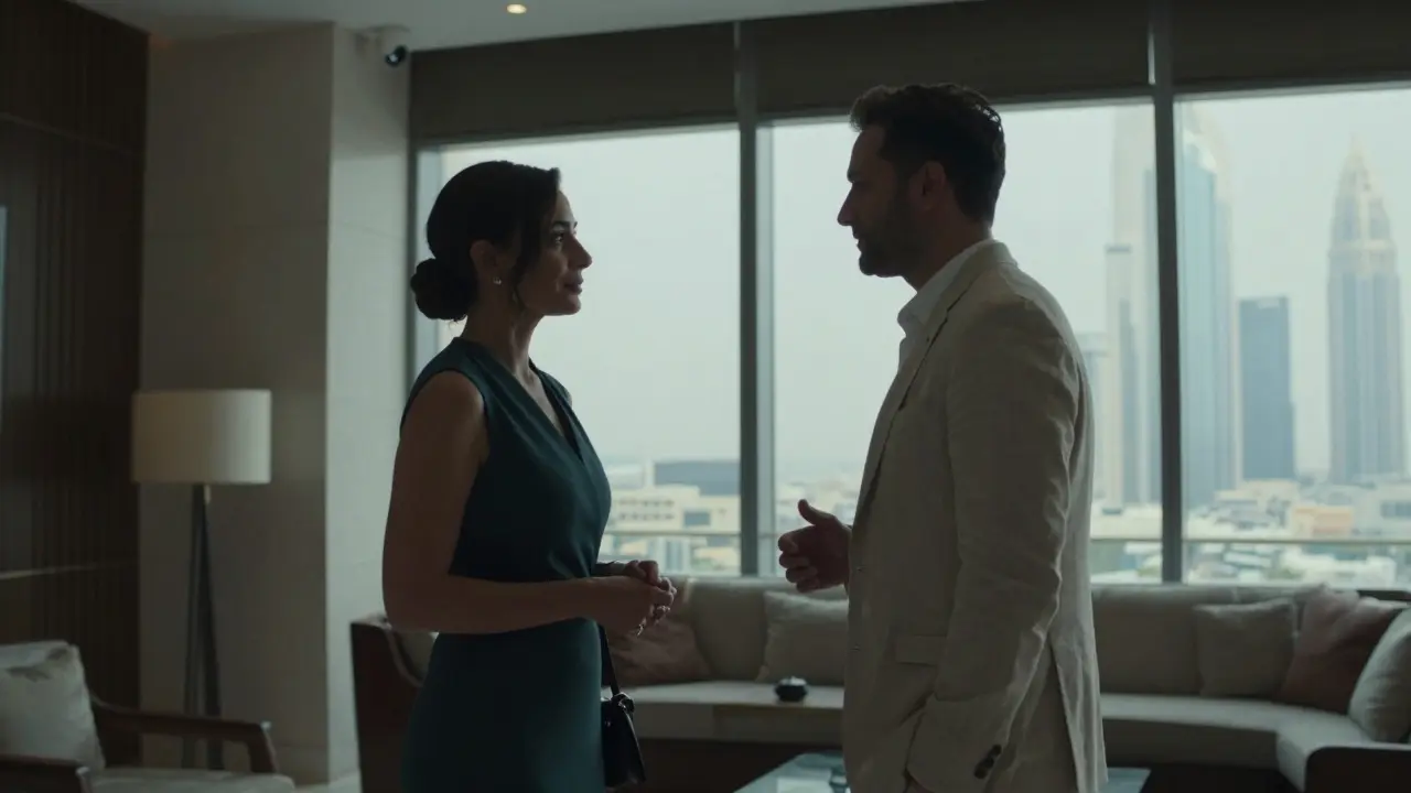 A man and woman meeting politely in a luxury hotel lobby, no physical contact.