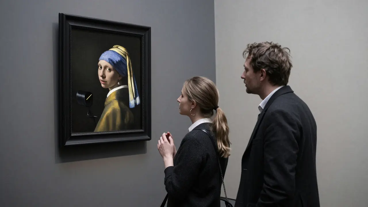 A man and woman stand quietly before Vermeer's 'The Lacemaker' in the Musée d'Orsay, bathed in soft morning light.
