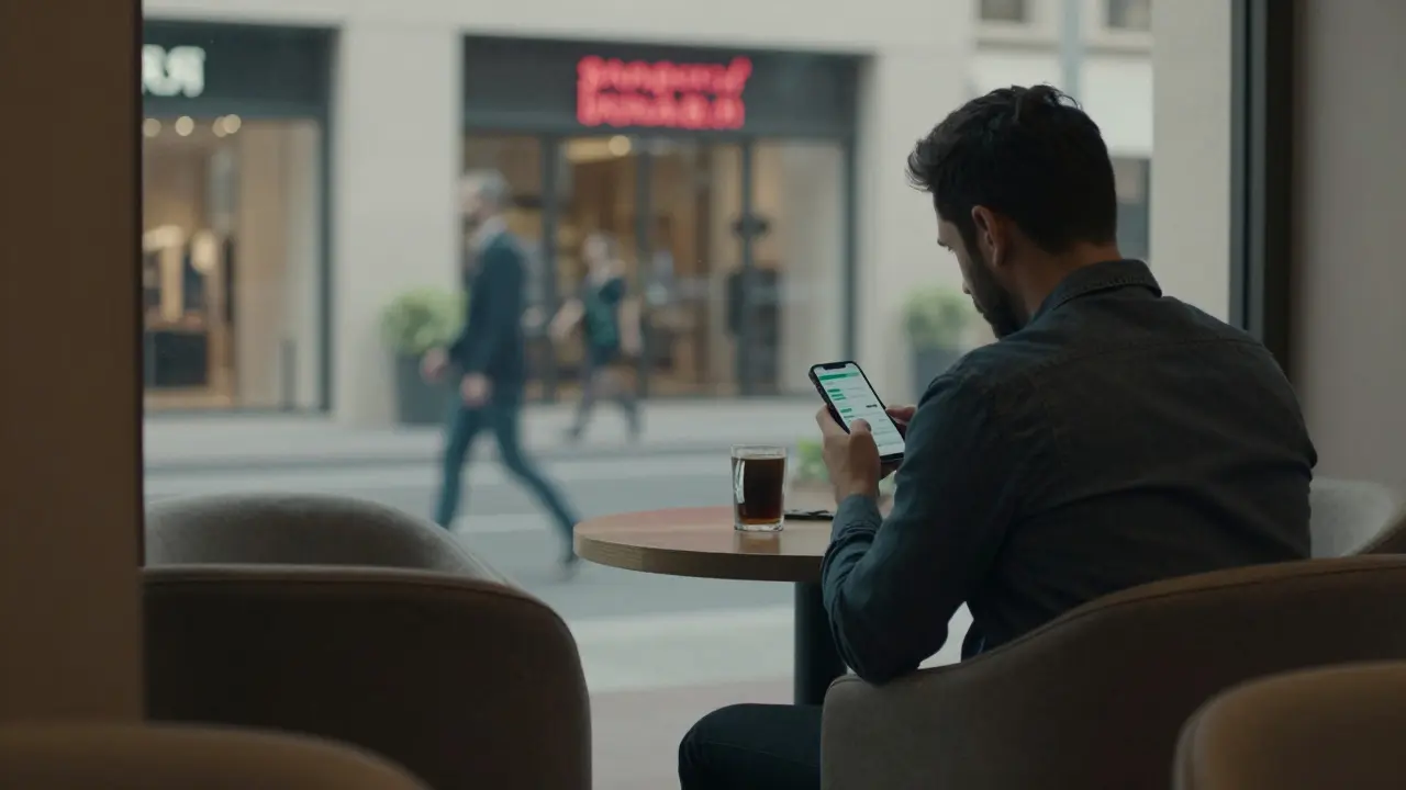 A man at a high-end Dubai café, staring at an empty chair across from him, smartphone glowing with encrypted messages, city lights outside.