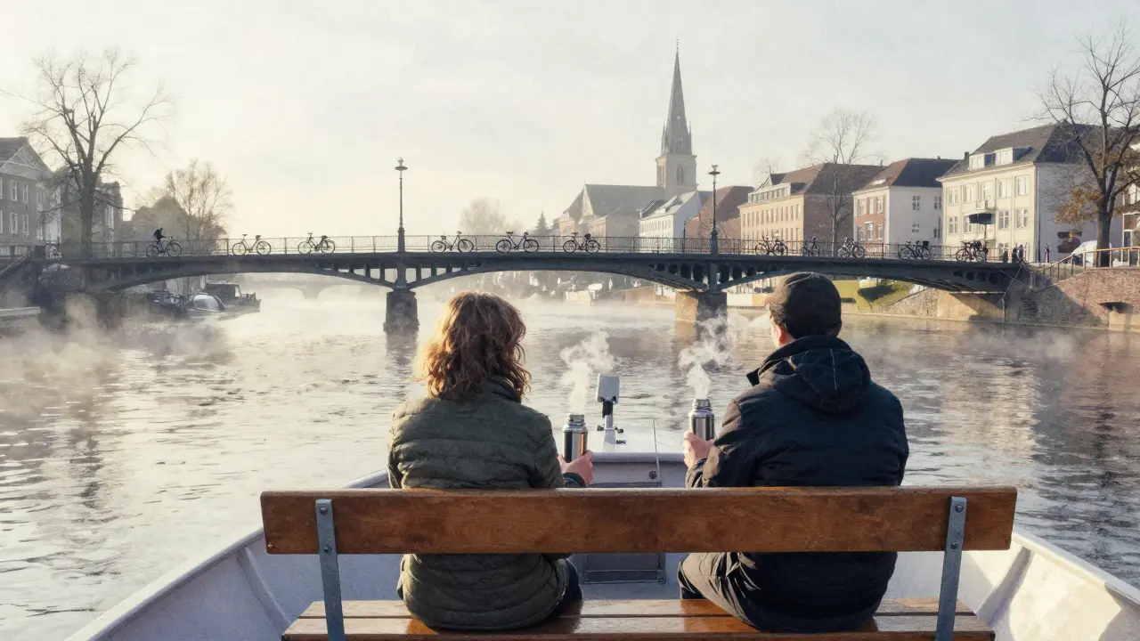 A peaceful boat ride on the Spree River at dawn, mist rising over the city.
