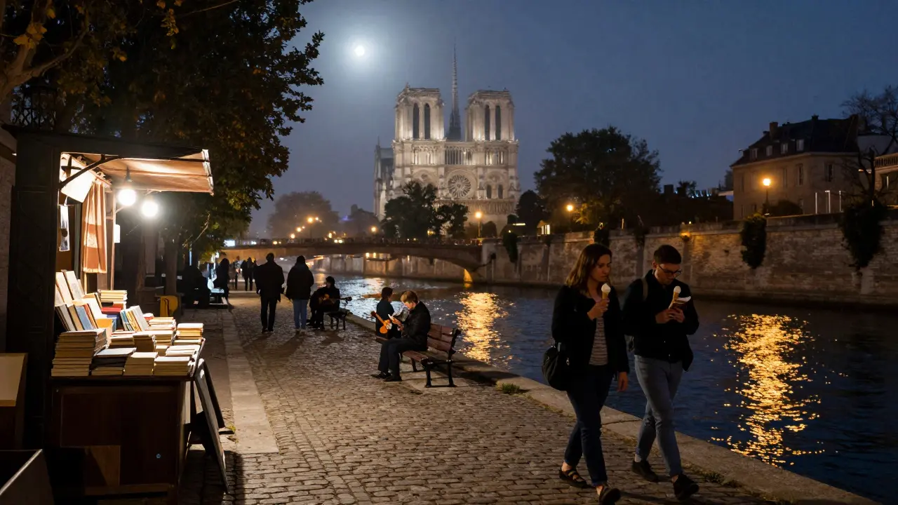 A peaceful night walk along the Seine with bookstalls, musicians, and reflections of bridge lights on the water.