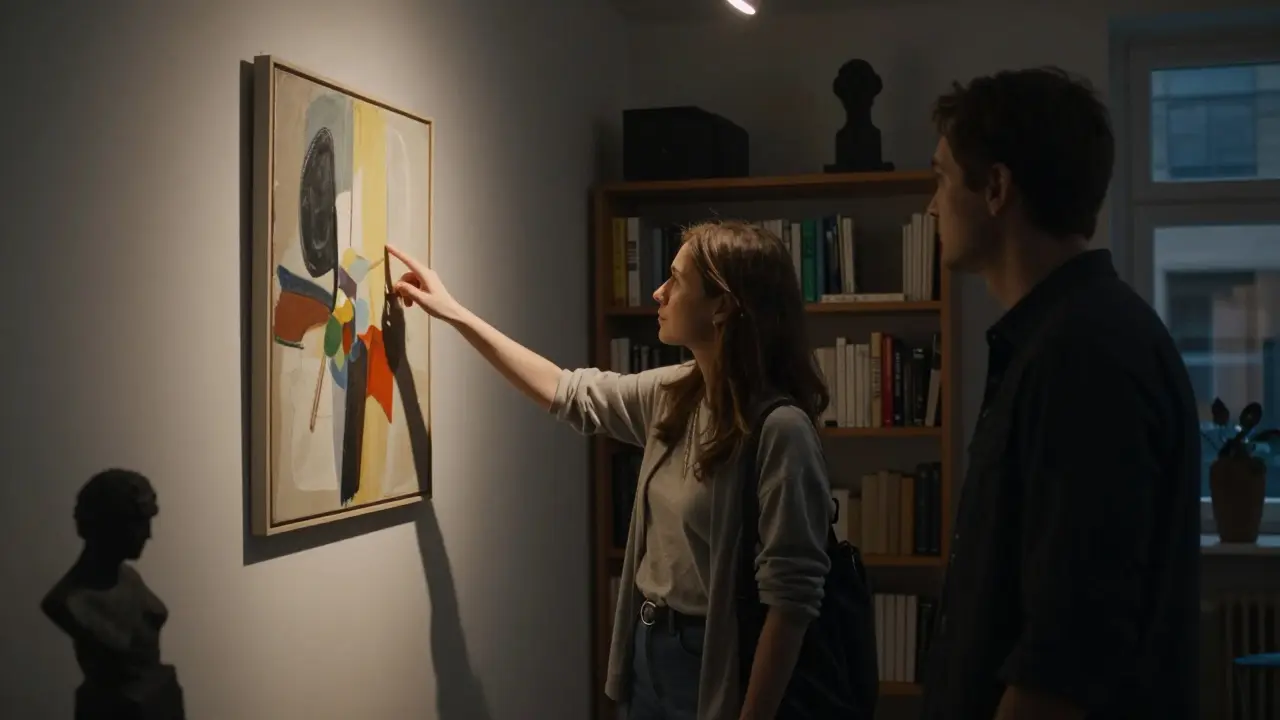 A person pointing at artwork in a private Berlin gallery, another listening intently in dim evening light.
