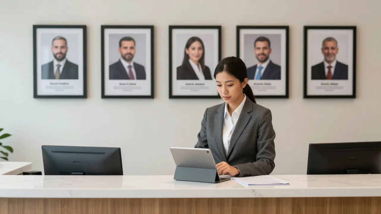 A professional escort agency office with clean decor and client bios displayed on a wall.
