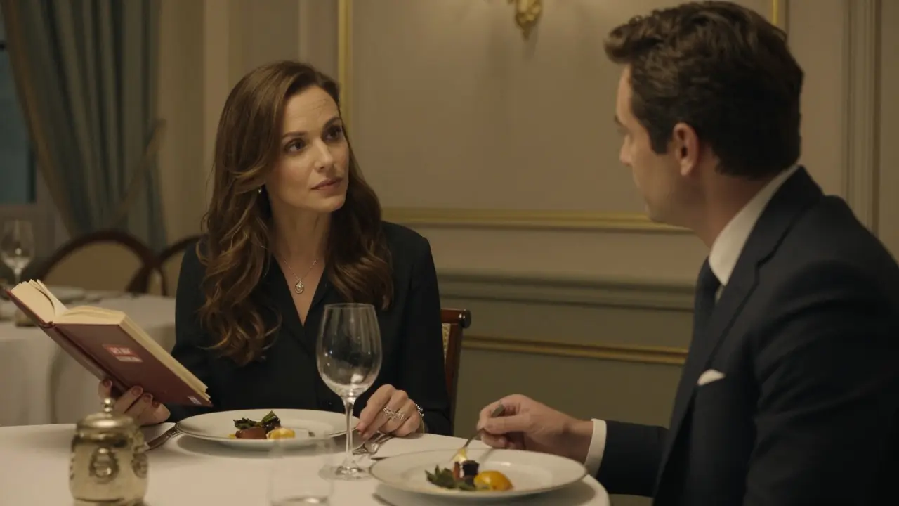A professional escort listening attentively during a business lunch at The Wolseley, calm and composed, no physical intimacy.