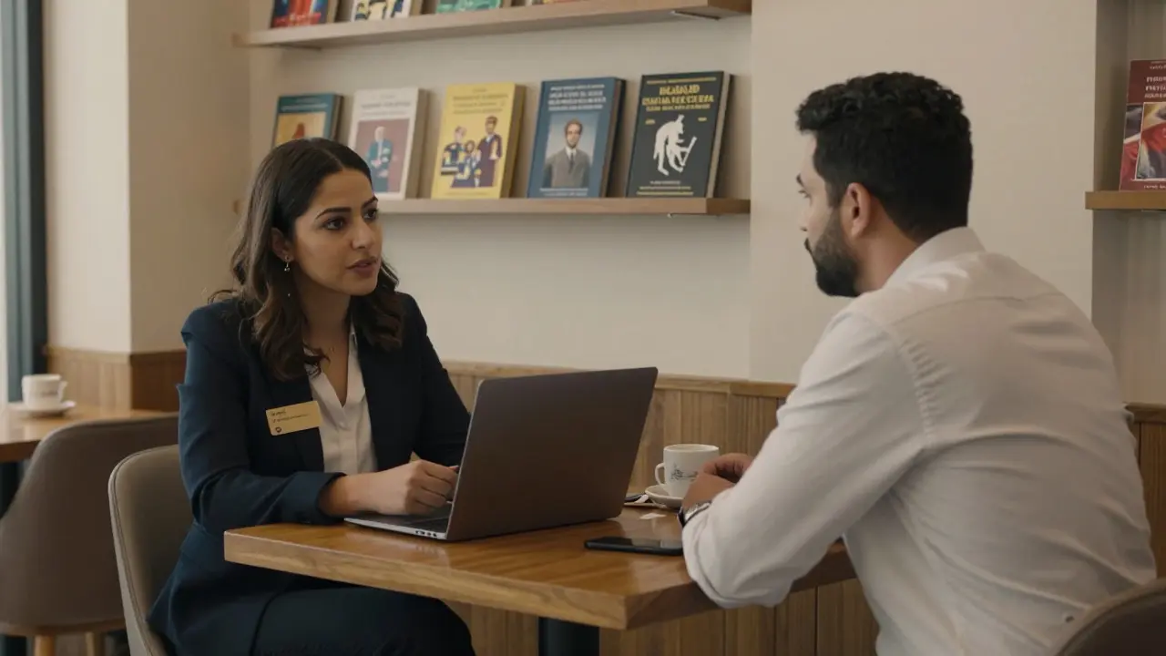A professional woman meeting a client in a quiet coffee shop in Abu Dhabi's expat district.
