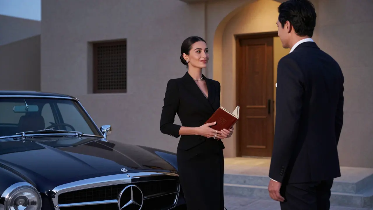 A professionally dressed woman standing gracefully outside a museum in Abu Dhabi at dusk, awaiting a client.
