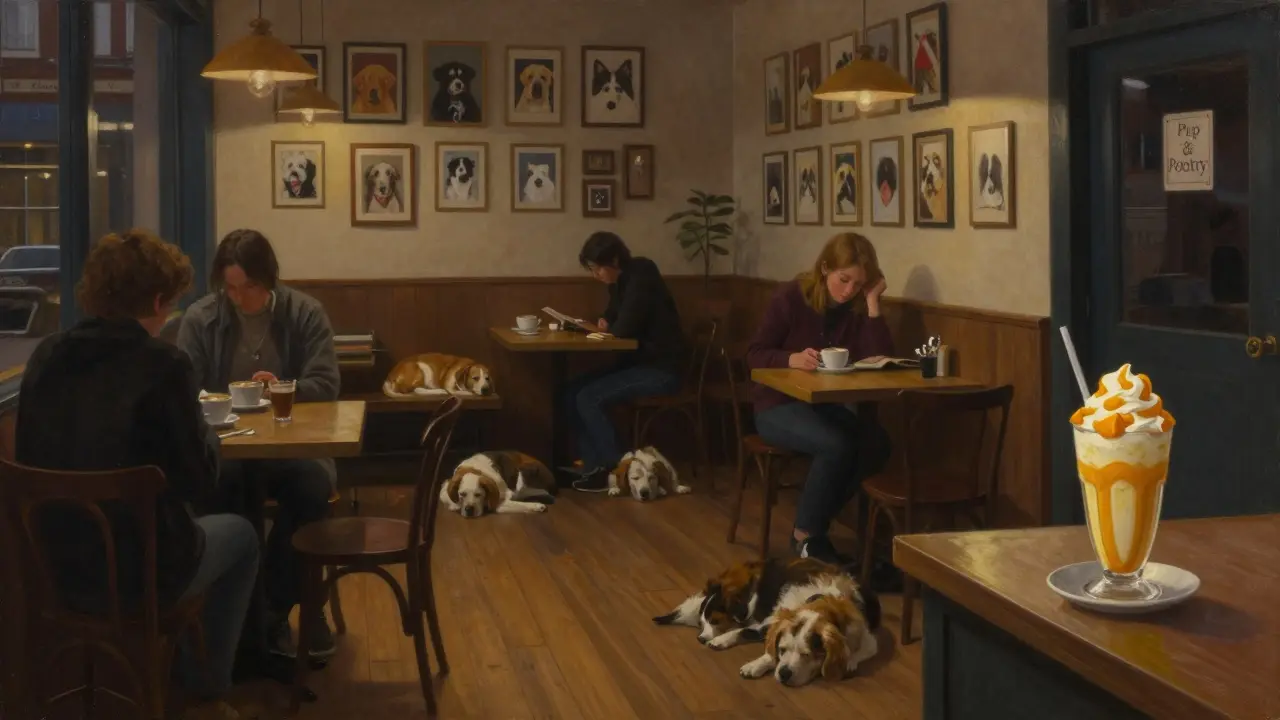 A quiet dog cafe at night with pets sleeping under tables while owners read poetry, walls lined with pet portraits.