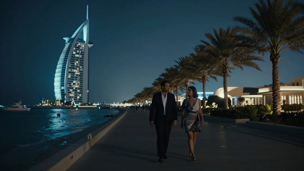 A quiet nighttime walk on the Palm Jumeirah boardwalk, Atlantis hotel glowing softly in the background under stars.