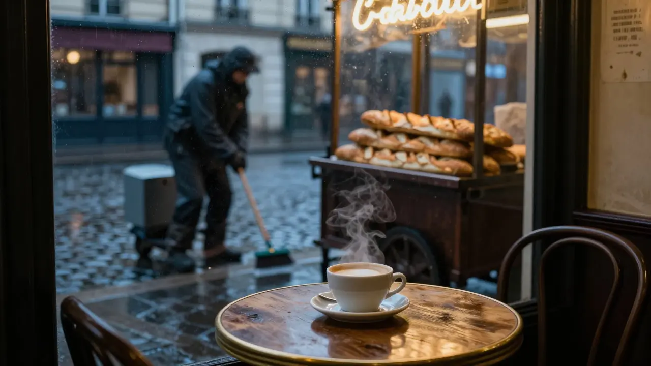A quiet Parisian café at dawn, steam rising from coffee as street sweepers pass outside.