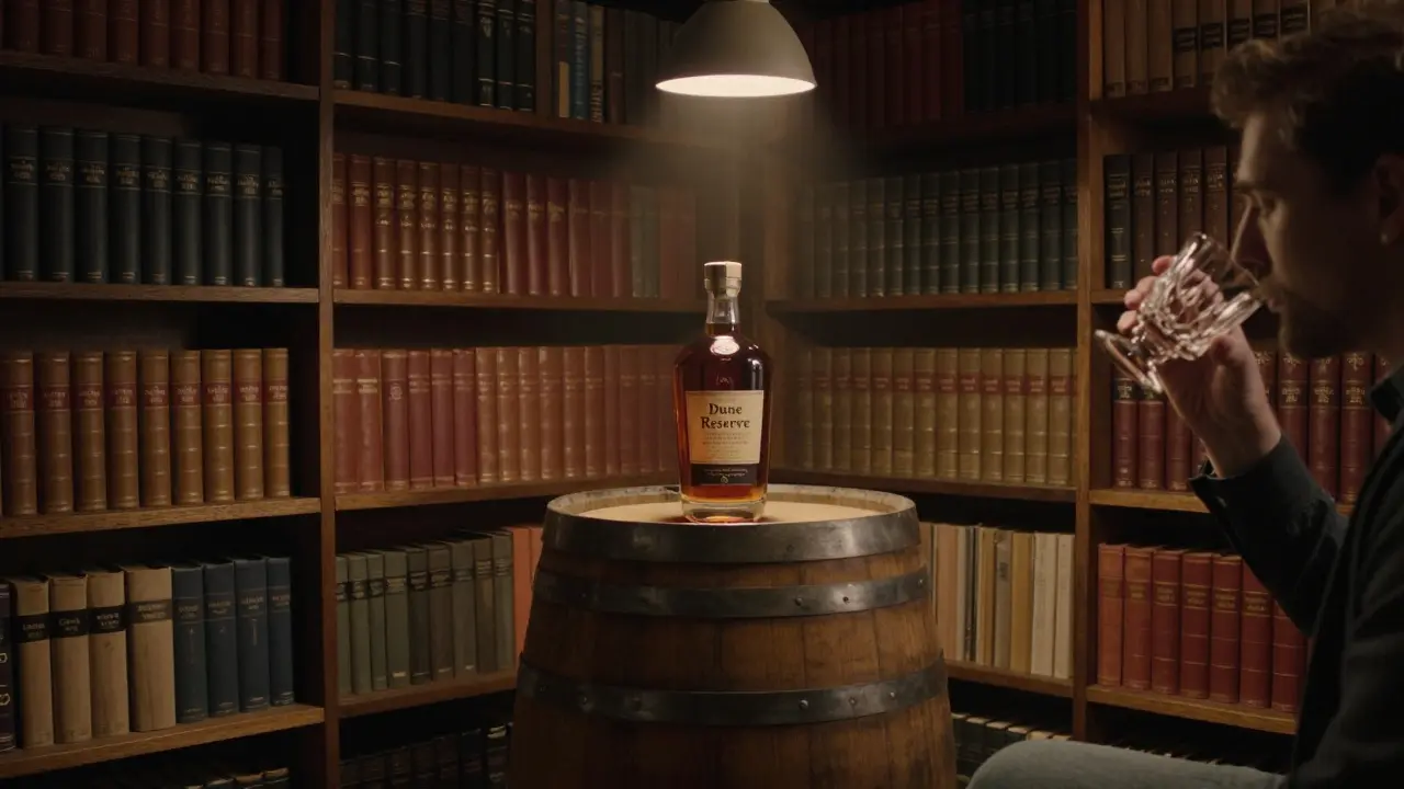 A secret whiskey room with hidden bottles behind library books, lit by a single spotlight.