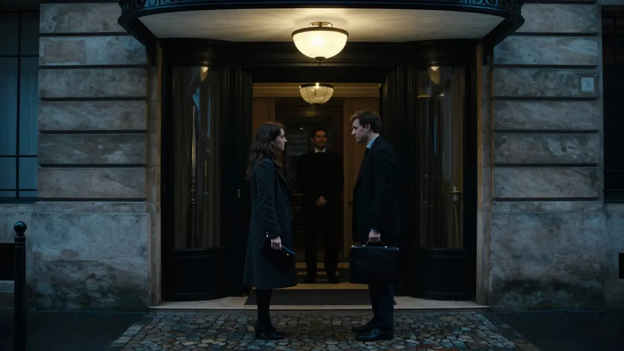 A silent, unspoken exchange between a client and escort outside Le Meurice hotel at night.