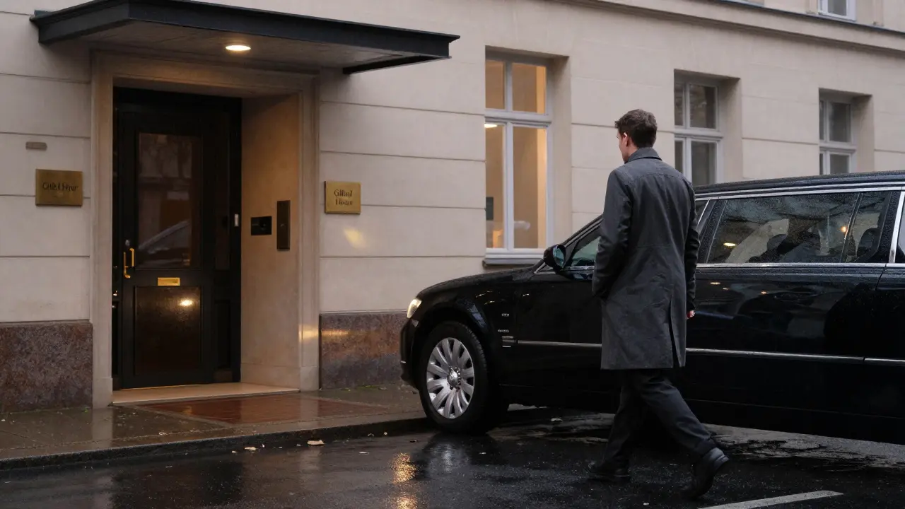 A sleek black limousine parked at a discreet Berlin entrance at dawn, with a figure walking away under soft morning light.