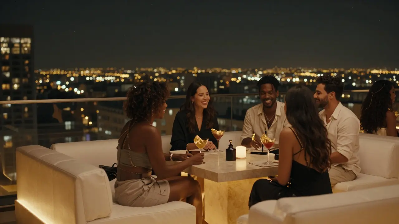 A small group enjoying cocktails on a minimalist rooftop lounge with soft lights and a view of the city.