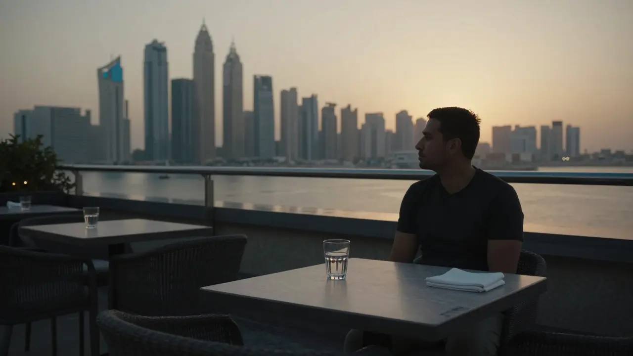 A solitary man at a rooftop bar in Dubai at sunset, reflecting quietly with no traces of an encounter.