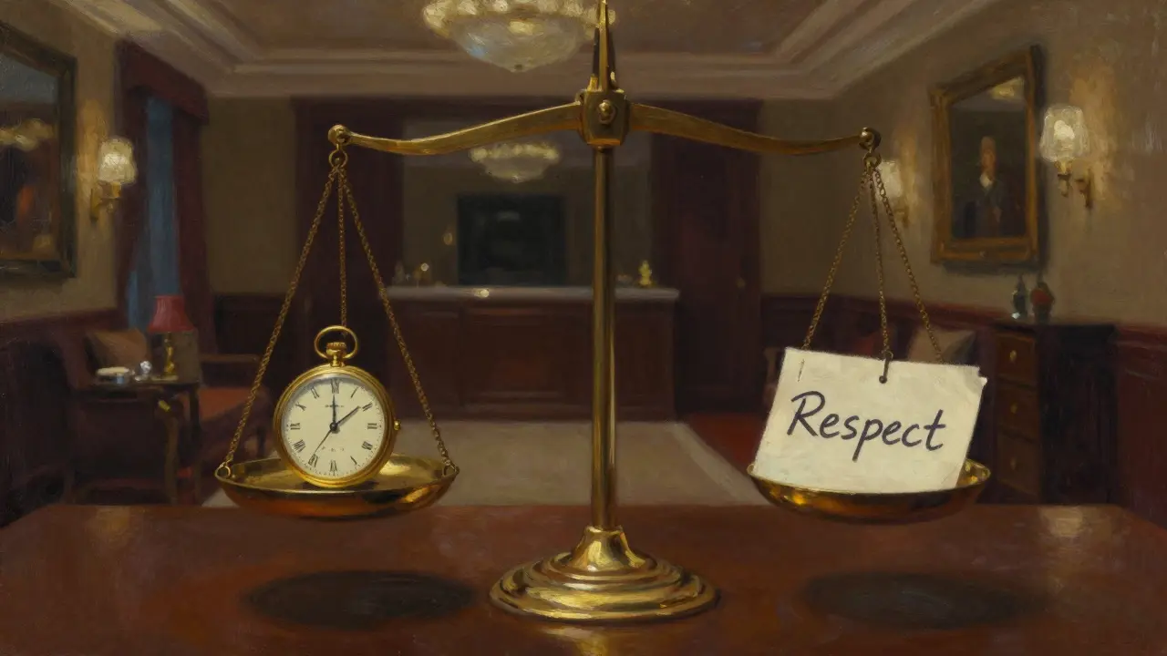 A symbolic balance scale in a luxury hotel suite, representing trust and value without transactional elements.