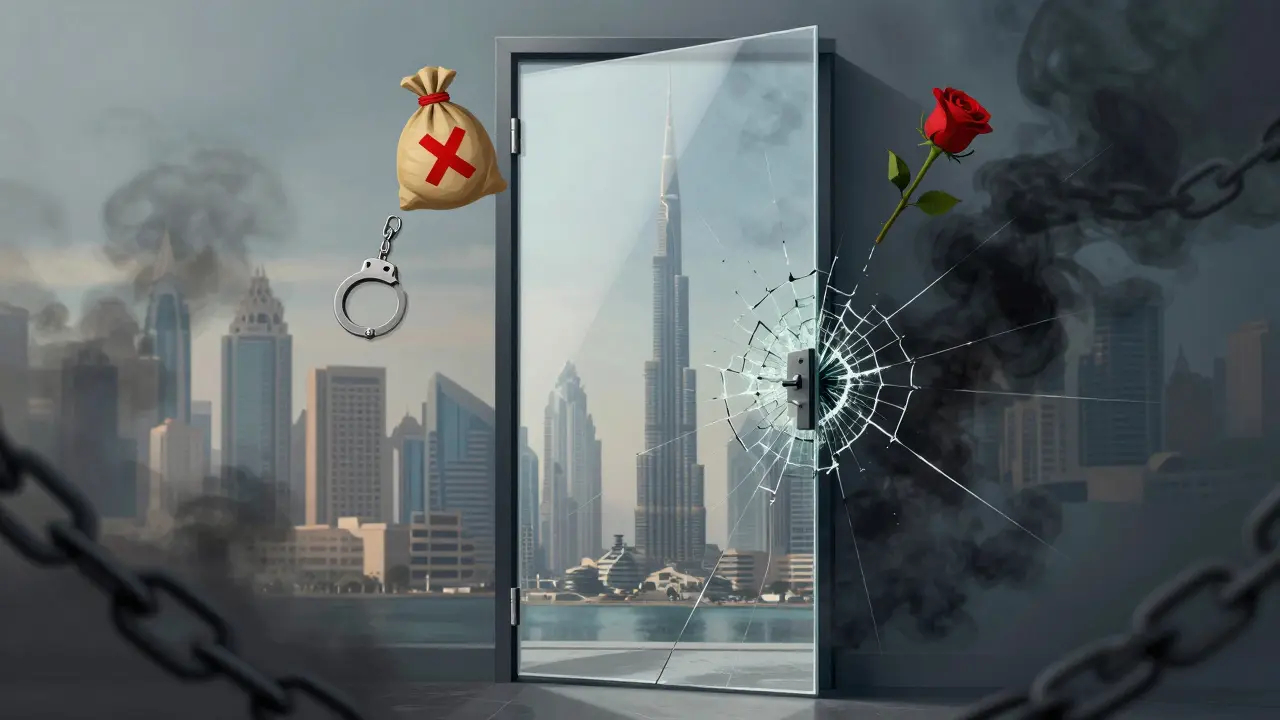 A symbolic cracked glass door reflecting Dubai’s skyline, with a money bag crossed out, a handcuff, and a rose floating above it.