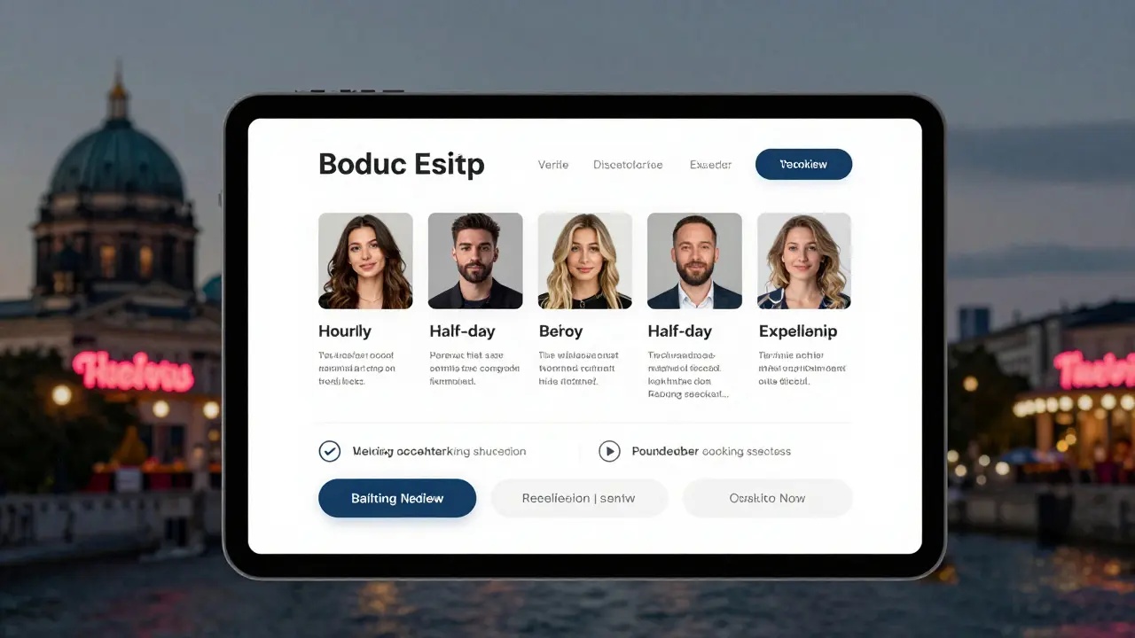 A tablet displaying verified escort profiles with reviews and service options, set against Berlin’s twilight skyline.