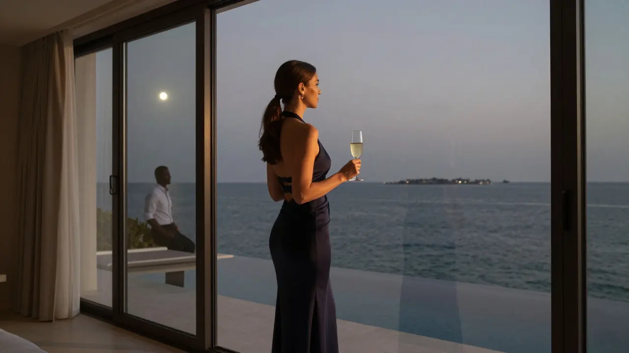 A woman in an evening dress at a private villa, holding champagne as moonlight reflects off the window.