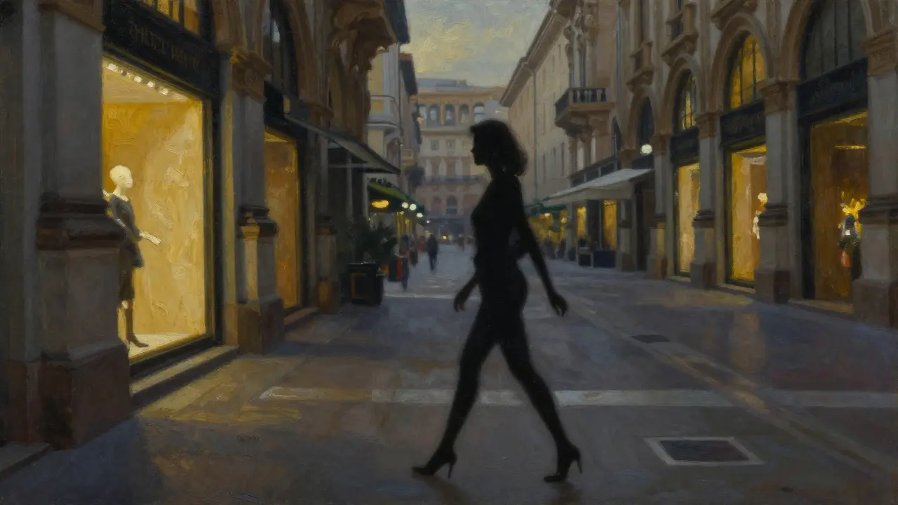 A woman walks alone along a luxury Milan street at dusk, her silhouette harmonizing with the architecture, radiating effortless poise.