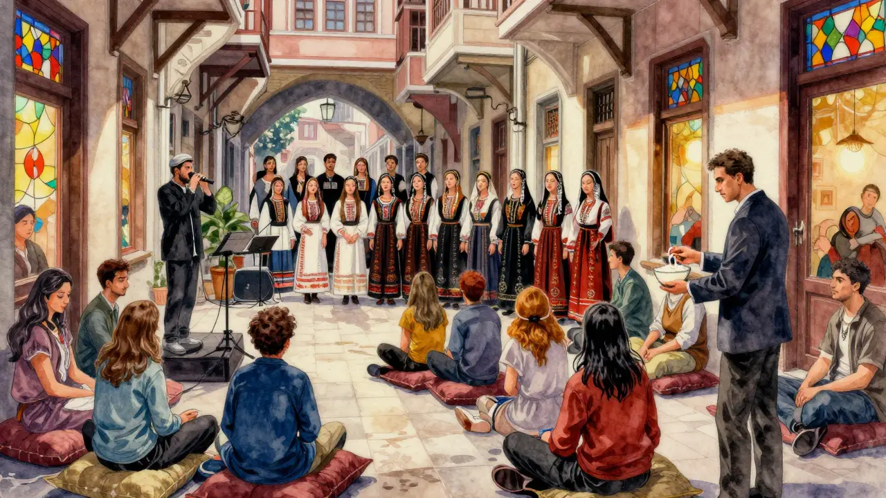 An arcade filled with diverse musicians and quiet listeners, bathed in soft light, as people sit cross-legged in silent reverence.