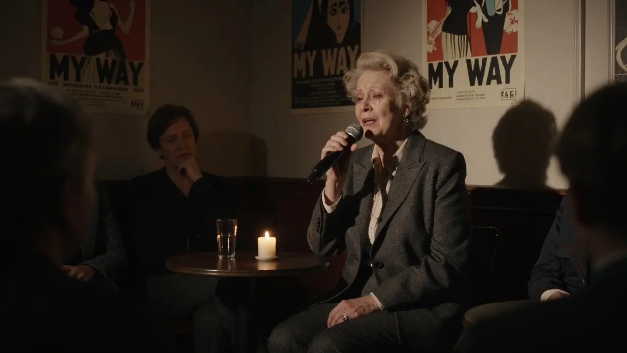 An elderly woman singing 'My Way' under a soft spotlight while a retired opera singer watches in quiet reverence.