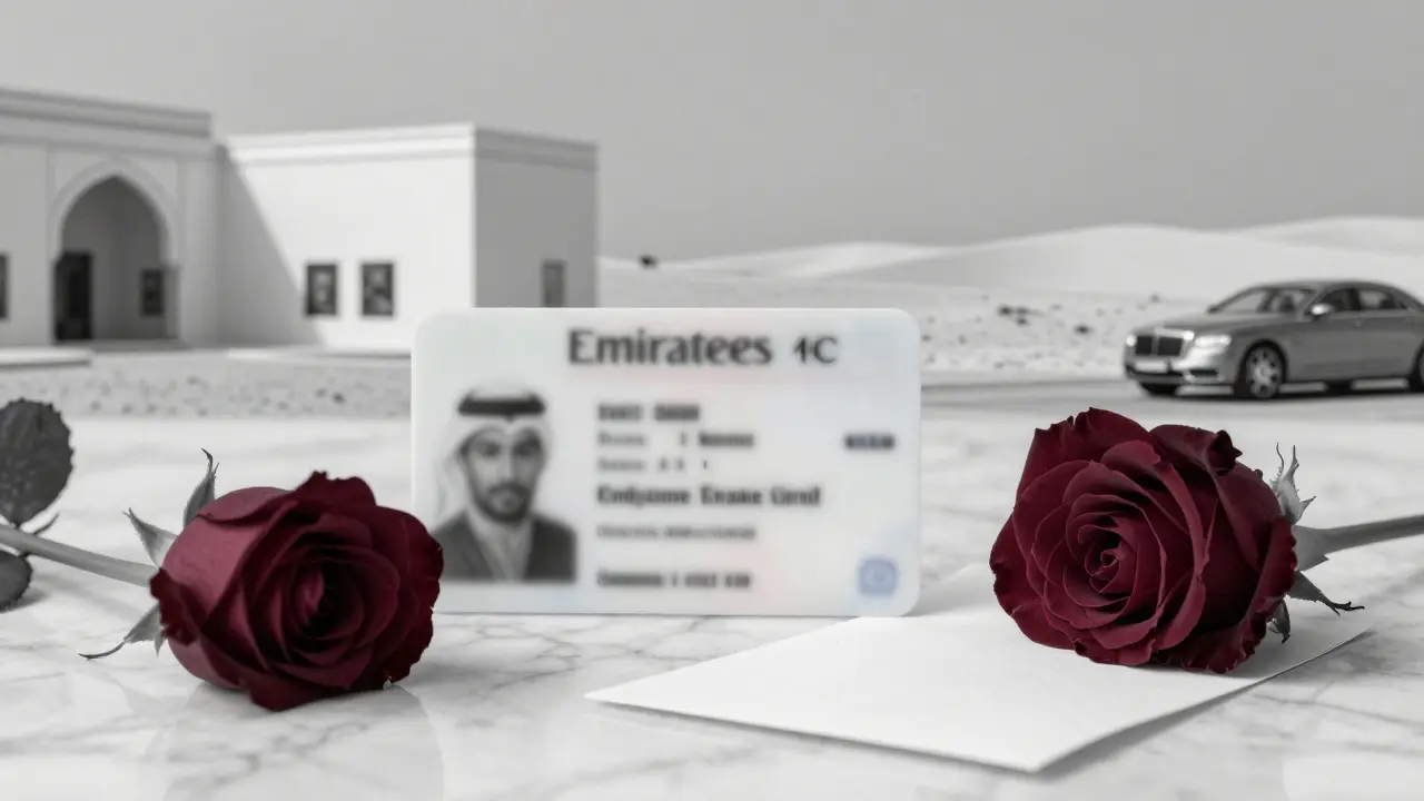 An Emirates ID and a rose on marble, with subtle hints of art and desert landscapes.