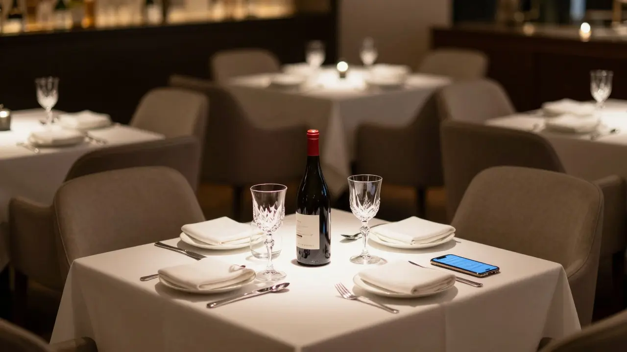 An empty luxury dining table set for two, lit by candlelight, conveying a silent, unspoken encounter.