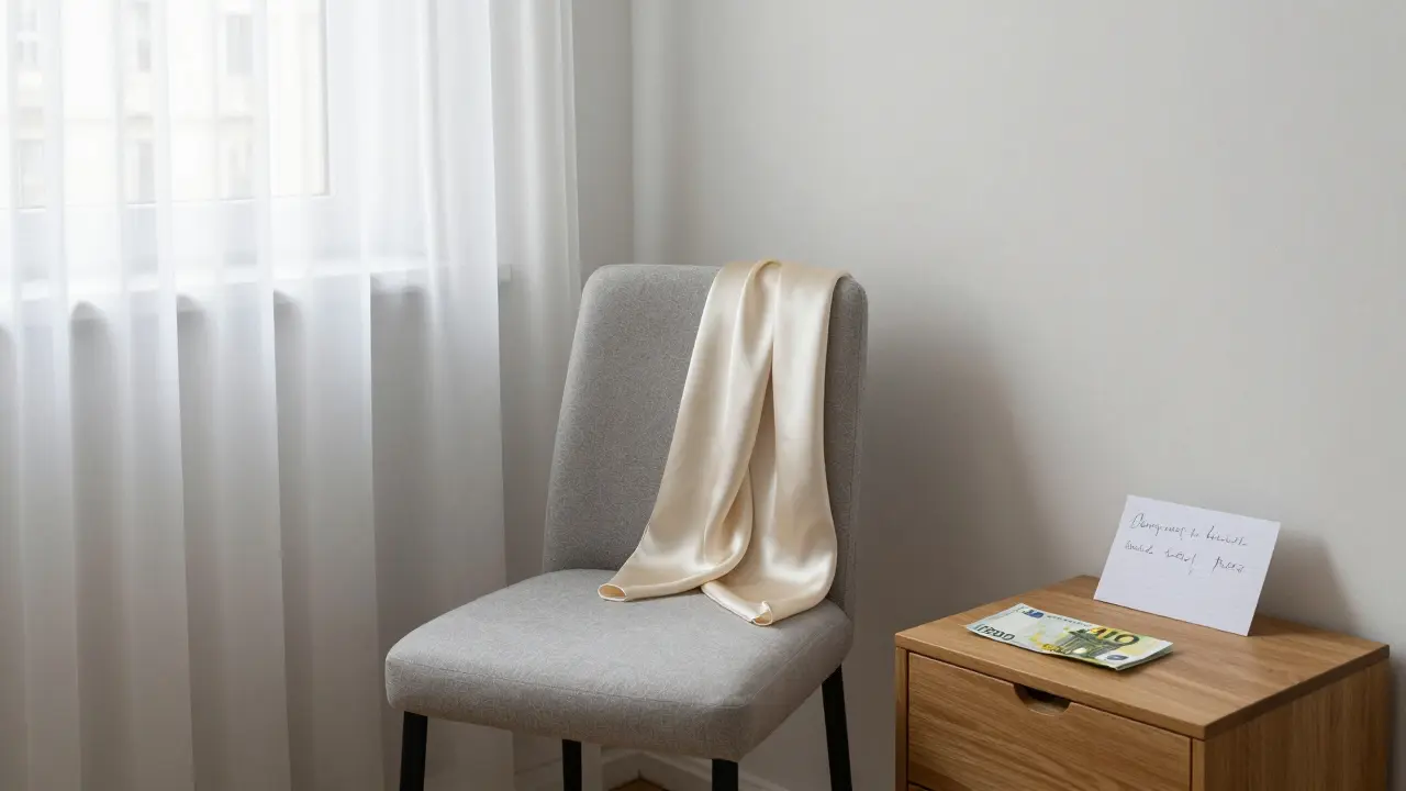An empty Paris bedroom with a folded bill and note on a nightstand, morning light streaming in.