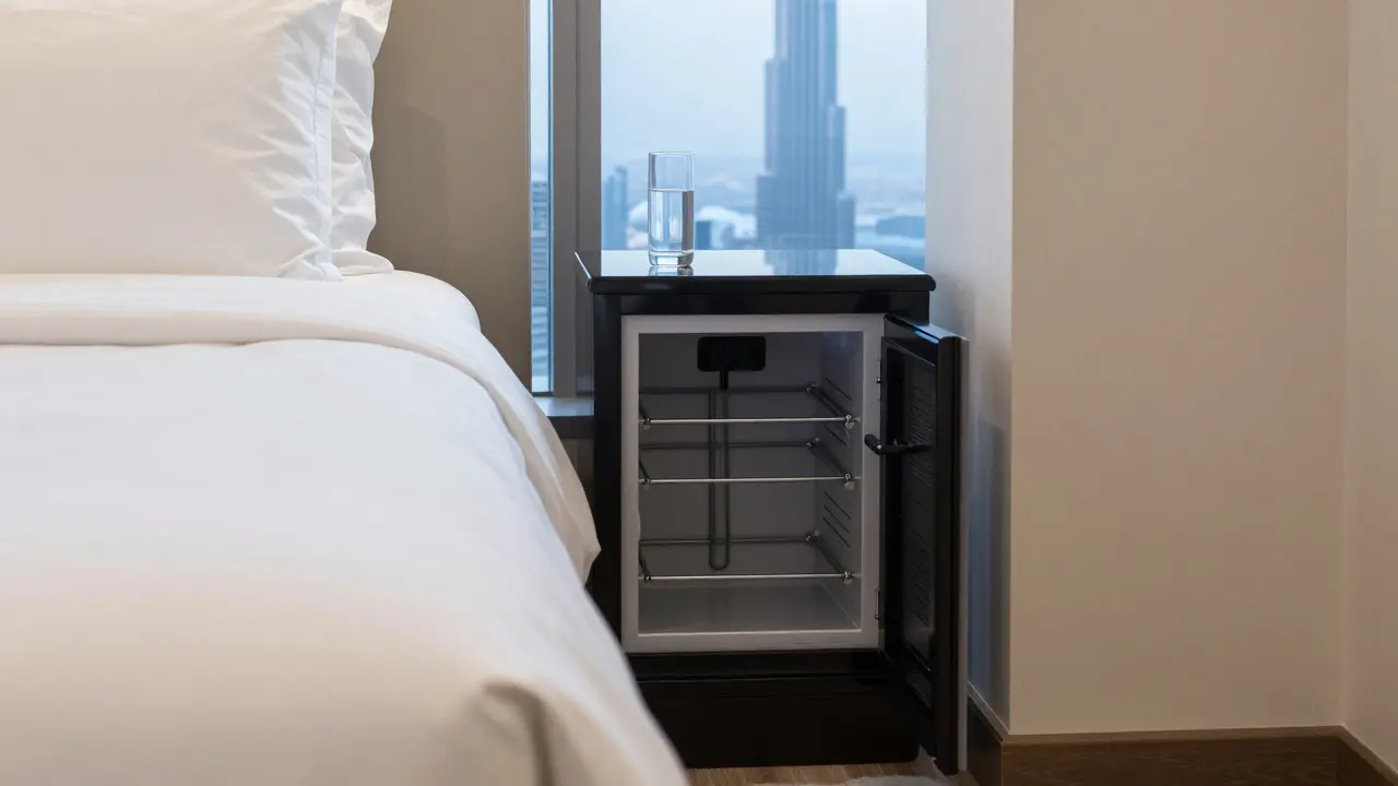 An immaculate hotel room with no personal items left behind, only a glass of water on the nightstand.