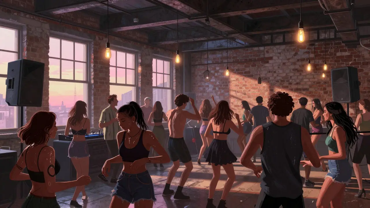 An underground party in Karaköy's industrial warehouse, diverse crowd dancing as sunrise filters through the windows.