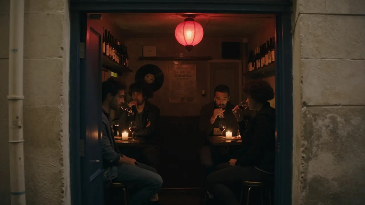 An unmarked underground bar in Paris with a single red lantern and locals sipping wine in dim candlelight.