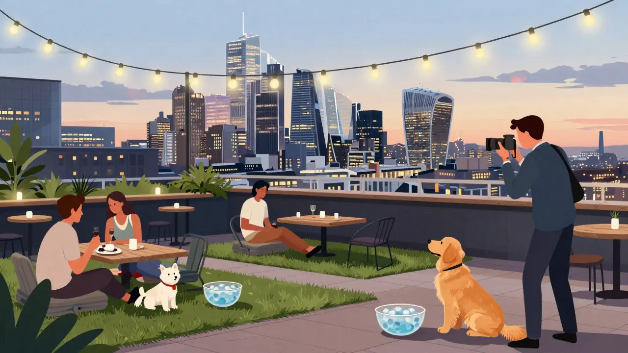 Couples enjoying rooftop drinks with their small dogs as a photographer captures skyline views in soft dusk light.