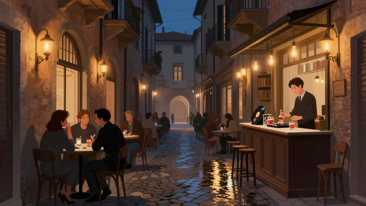 Cozy Brera alley at dusk with soft lighting, patrons at a historic bar, and vintage bookshops lining the cobblestones.