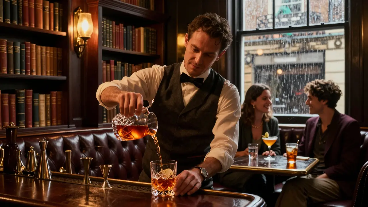 Cozy hidden bar with bartender pouring a smoky cocktail in a Victorian townhouse.