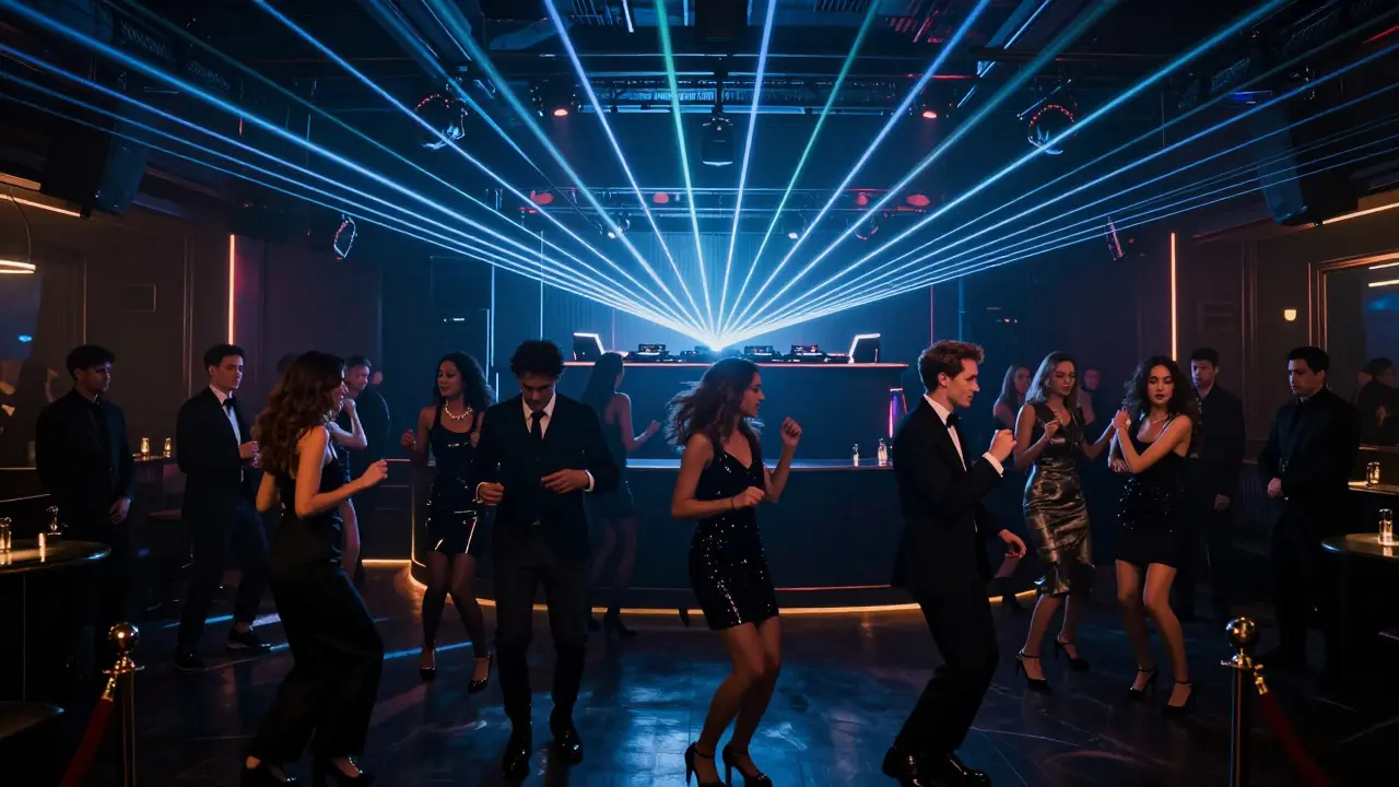Dancers under synchronized laser lights inside Le Ché nightclub, strict dress code, exclusive atmosphere.