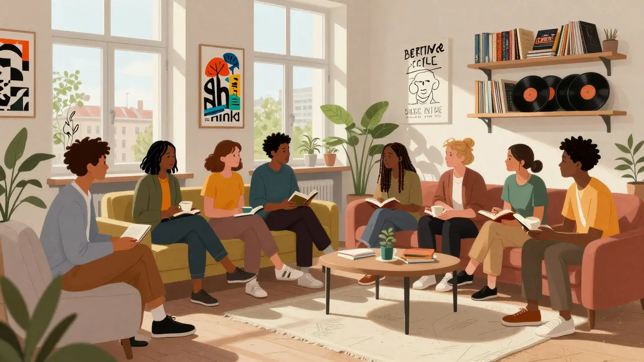 Diverse companions in a bright Berlin loft, engaging naturally amid art, books, and vinyl records, reflecting inclusivity and culture.
